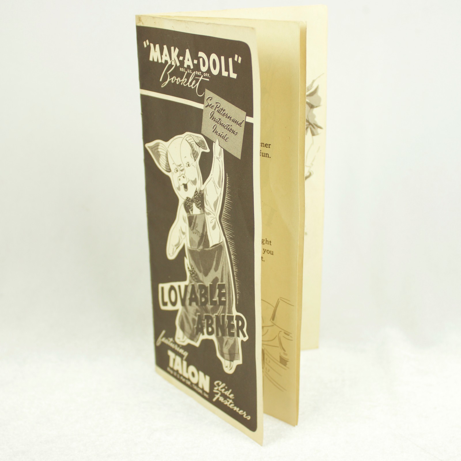Vintage Talon Slide Fastener Zipper Booklet Lovable Abner Pig Mak A Doll Child