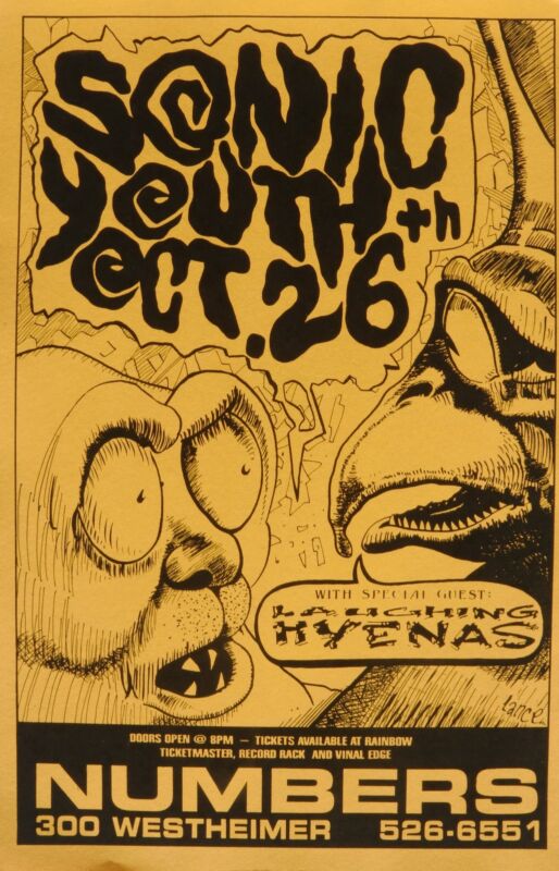 SONIC YOUTH / LAUGHING HYENAS 1991 HOUSTON CONCERT TOUR POSTER - Alt Rock Music