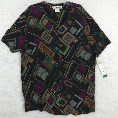 Vtg CM Shapes Womens Shirt Geometric Button Up Black Multi Funky Plus 1X New 