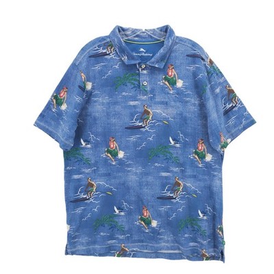 TOMMY BAHAMA Blue Hawaiian Polo Shirt All Over Print Surfer Girl Aloha Size XL
