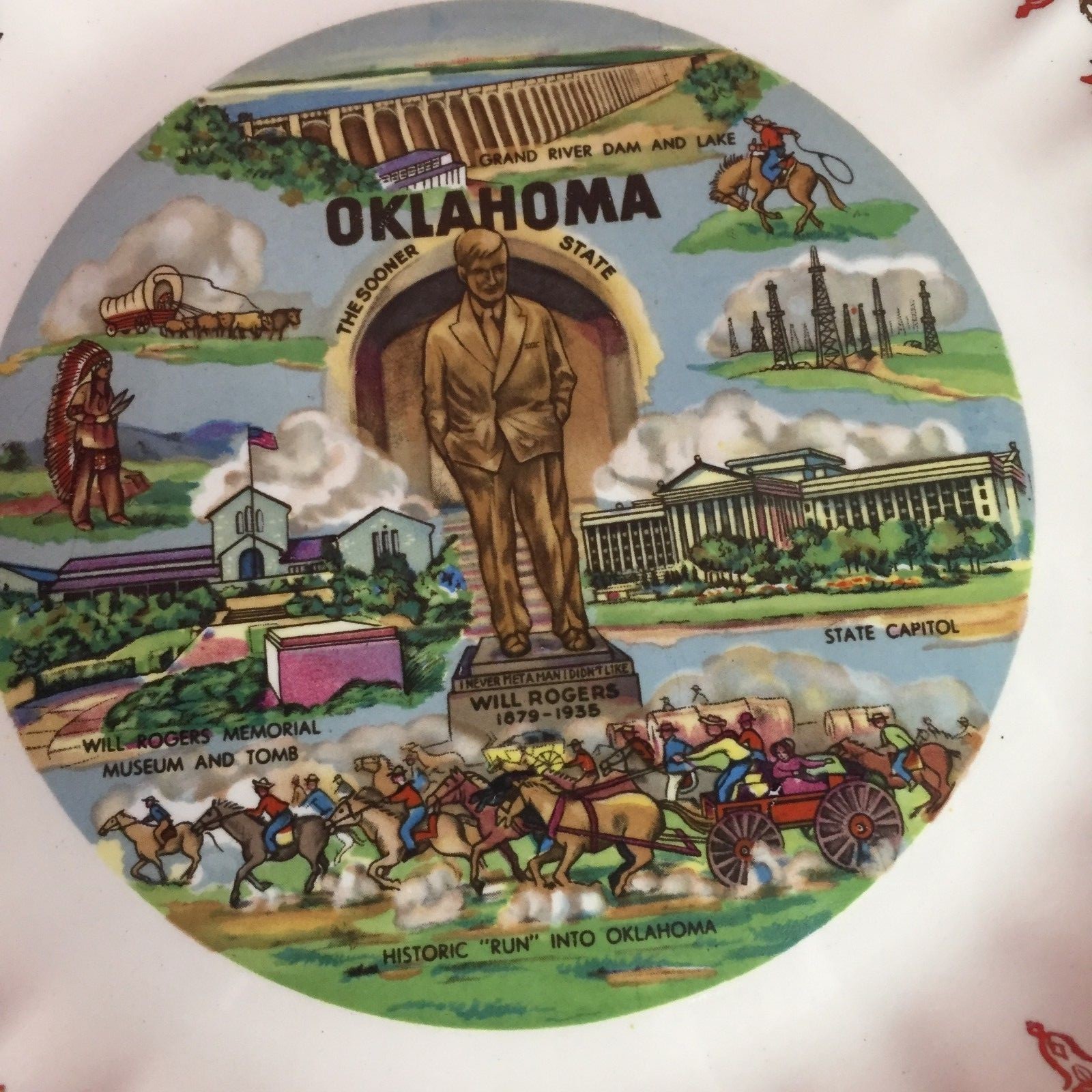 Vintage Oklahoma State Plate Gold Filigree Trim Scalloped Edge Multicolored