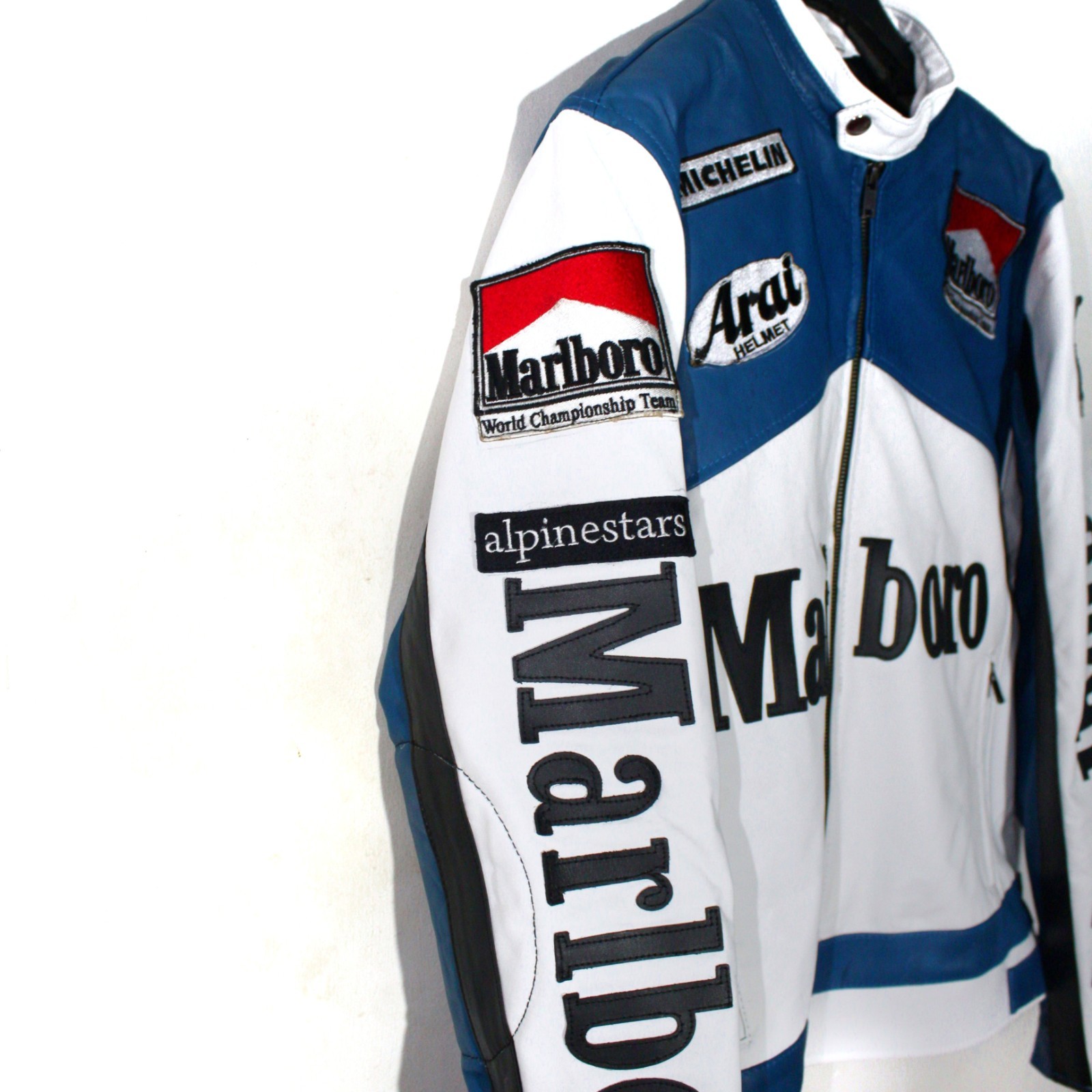 Vintage Marlboro Leather Motorcycle Racing Jacket Blue White