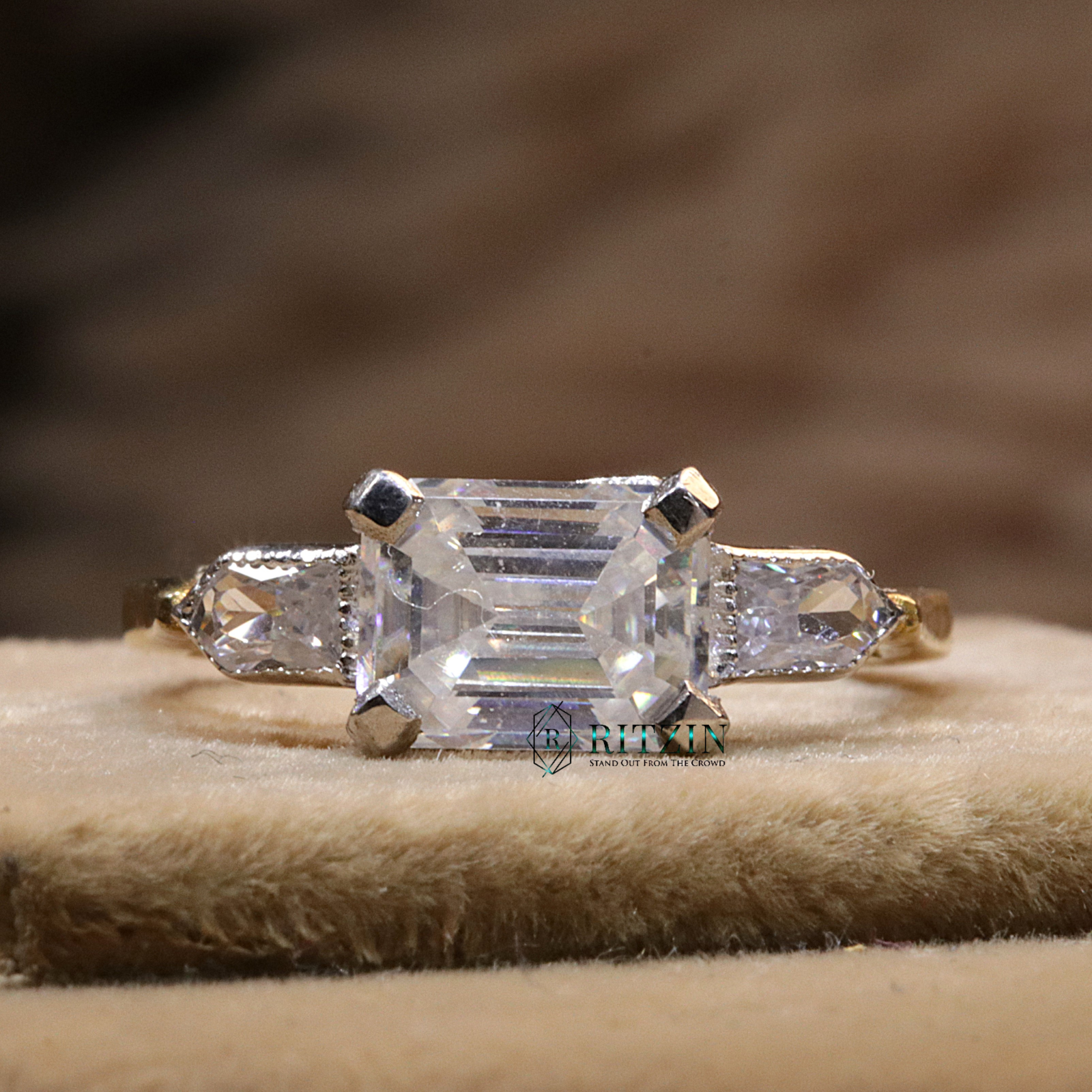 2 Carat Emerald Cut Moissanite 925 Sterling Silver 3 Stone Engagement Ring