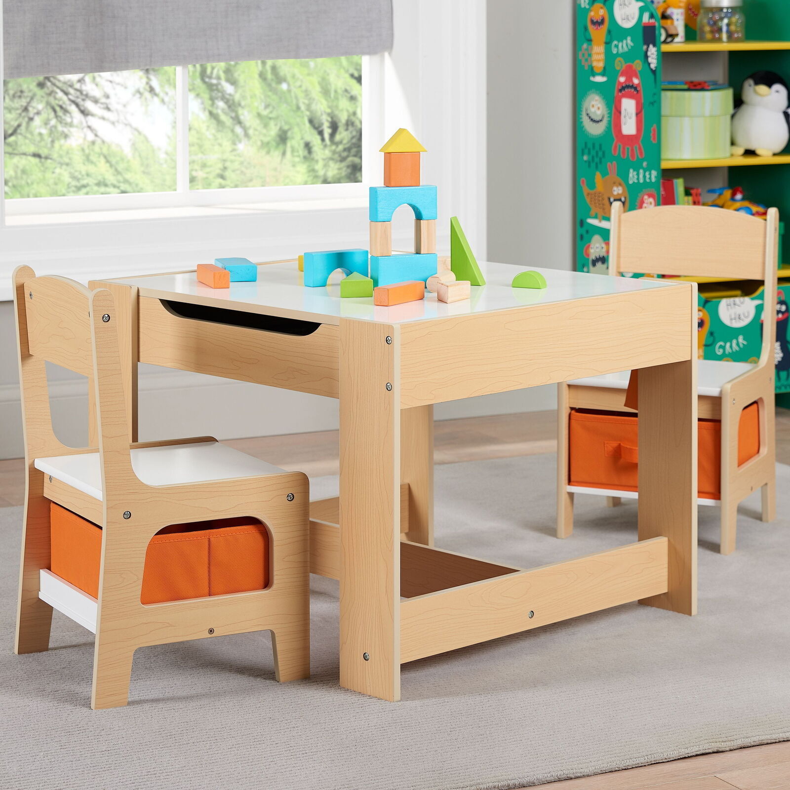 Kids Activity Table and 2 Chairs Set 3 Piece Toddler Wooden Storage Playrooms US