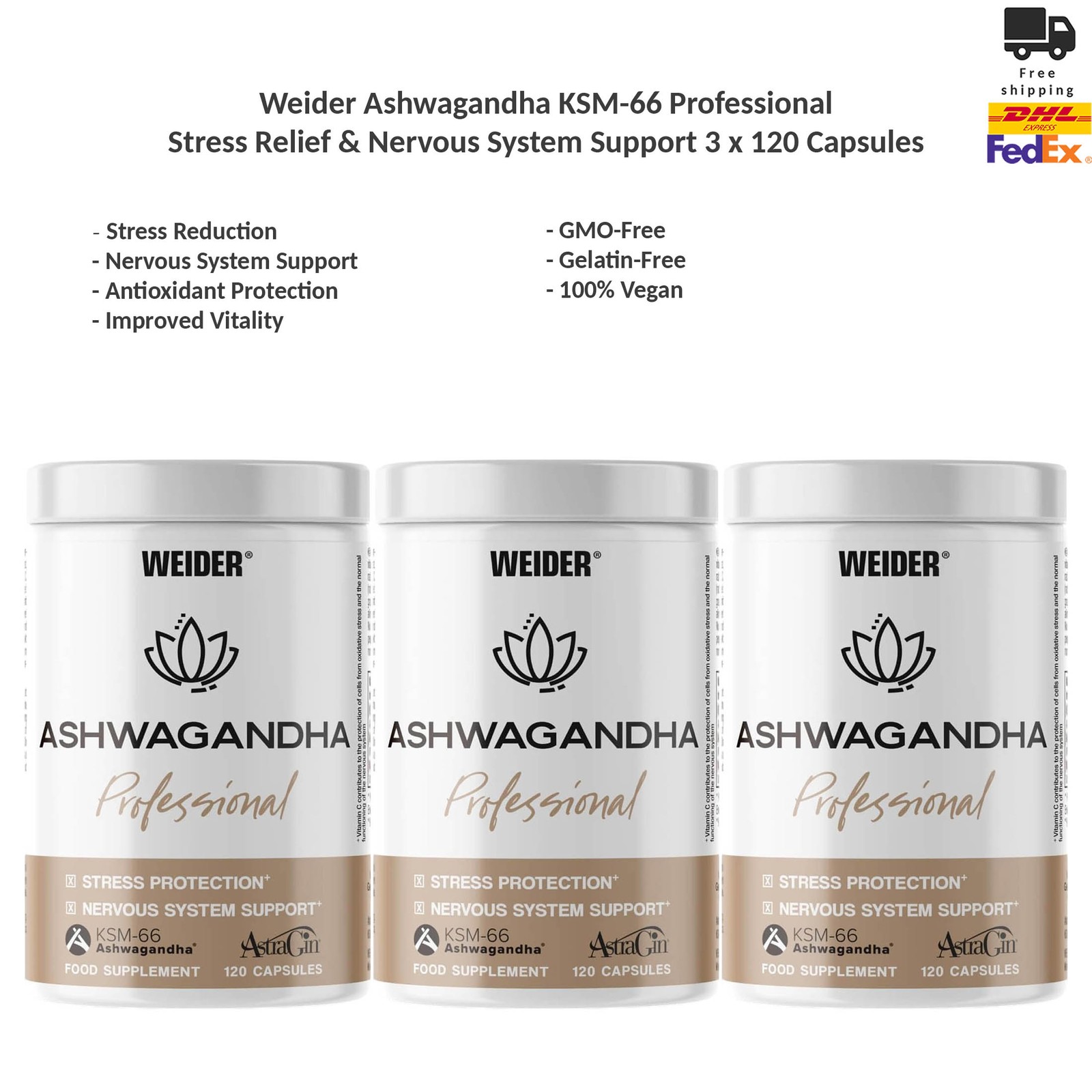 Weider Ashwagandha KSM-66 Pro Stress Relief & Nervous System Support Capsules x3