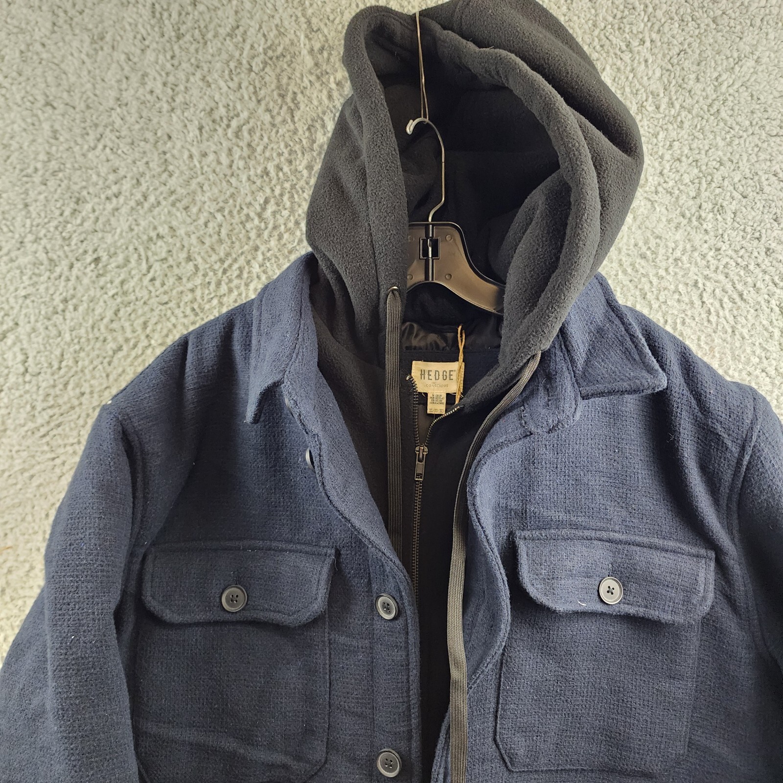 HEDGE Wool Blend Hooded Jacket Men's XL Midnight Navy Drawstring Front Button - Picture 2 of 13