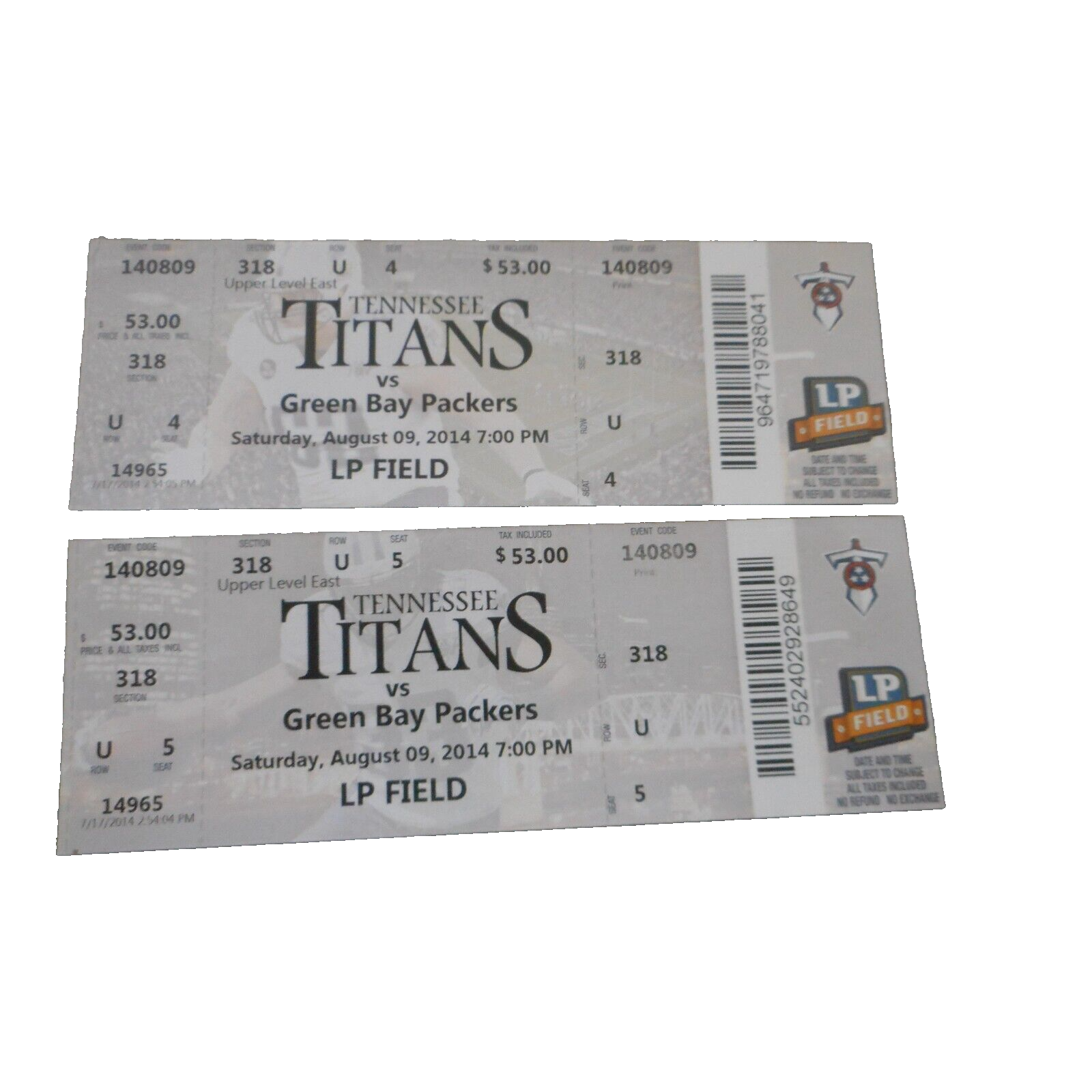 2014 Unused Green Bay Packers V.S Tennessee Titans Aug.9 Ticket