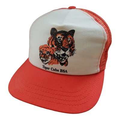 Vtg Tiger Cubs BSA Snap Back Trucker Hat Orange Mesh Boy Scouts S/M Rare