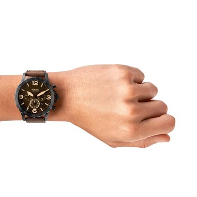 Pre-owned Fossil Nate Analog Black Dial Men's Watch-jr1487 Genuine Leather, Brown Strap