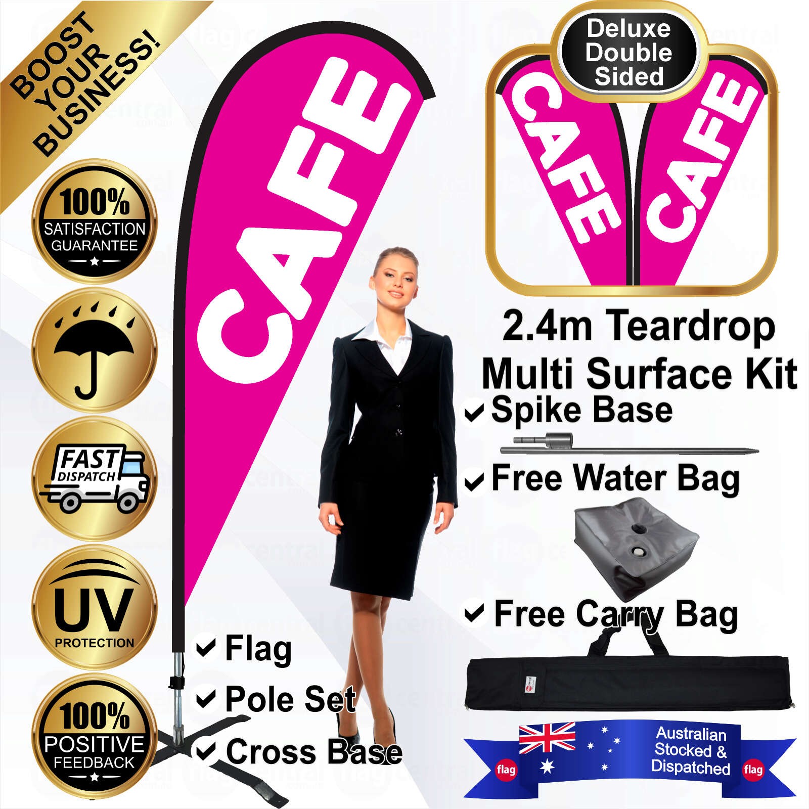 CAFE Deluxe Double-Sided Pink 2.4m Teardrop Flag / Banner Kit with Pole Set, Galvanised Steel Ground Spike, Steel Outdoor Cross Base, Free 15kg Water Bag and a Free Carry Bag