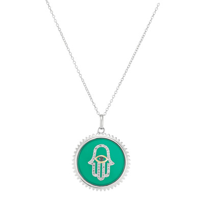 Finecraft Green Agate Hamsa Necklace with Created Sapphire in Silver, 17''