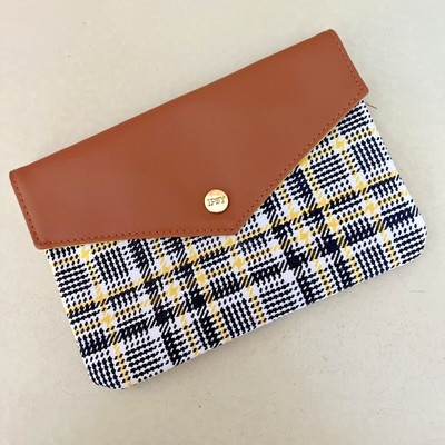 Ipsy Glam Bag Back to School Makeup Cosmetic Black Yellow Plaid Brown Snap Flap 