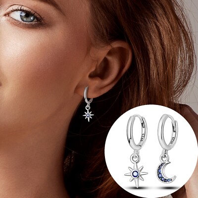 Aritos Argollas De Plata Esterlina Para Regalos Damas Aretes Luna Estrella Azul