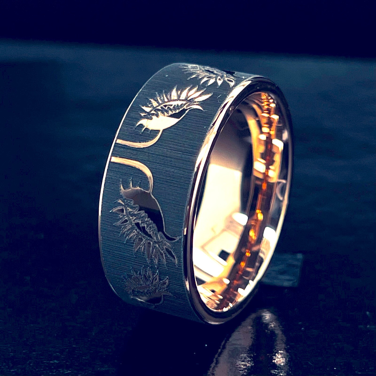 Pre-owned Rosegold Sunflowers Pattern Engrave Rose Gold Tungsten Carbide Ring, Mens And Women Ring