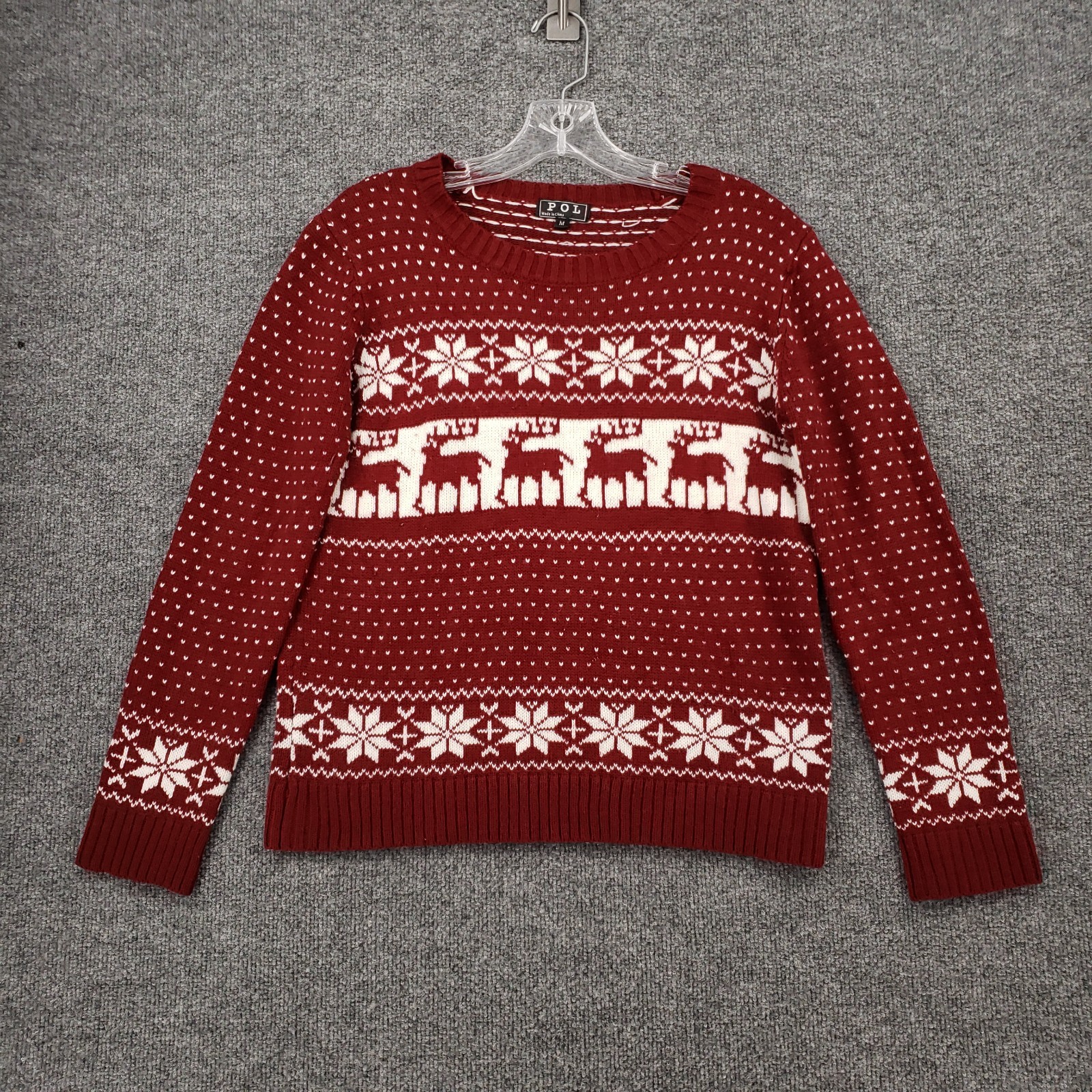 POL Sweater Women Medium Red Reindeer Snowflake Fair Isle Christmas Knit Holiday