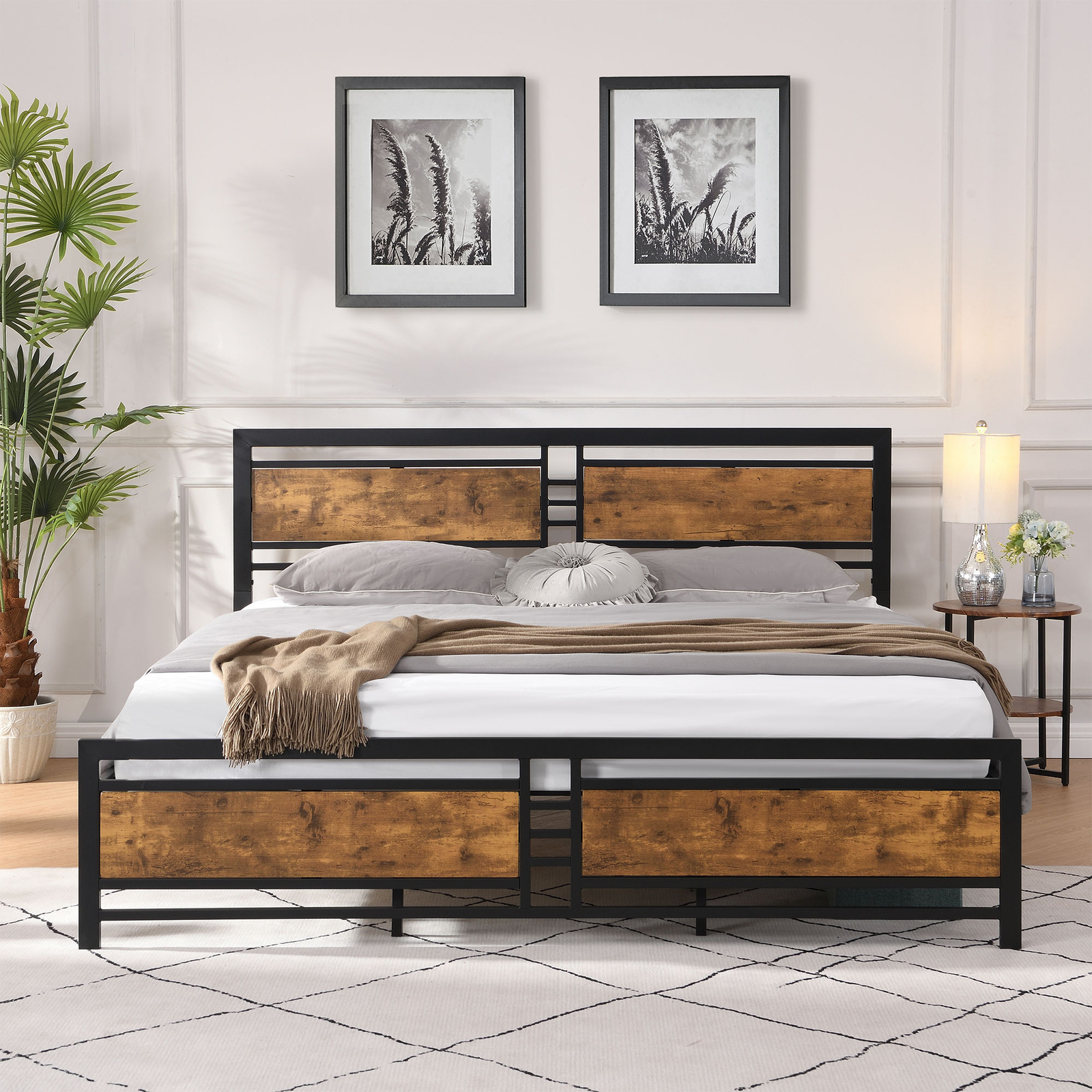 King Size Platform Bed Frame with Wood Headboard and Heavy Duty Metal Slats US