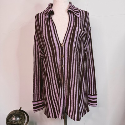 Free People Sweater Beach Bash Plum Chocolate Sequin Open Knit Long Stripe XS