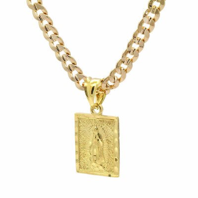 Mens 18k Gold Plated Brass Guadalupe Pendant 6mm 24" Cuban Chain