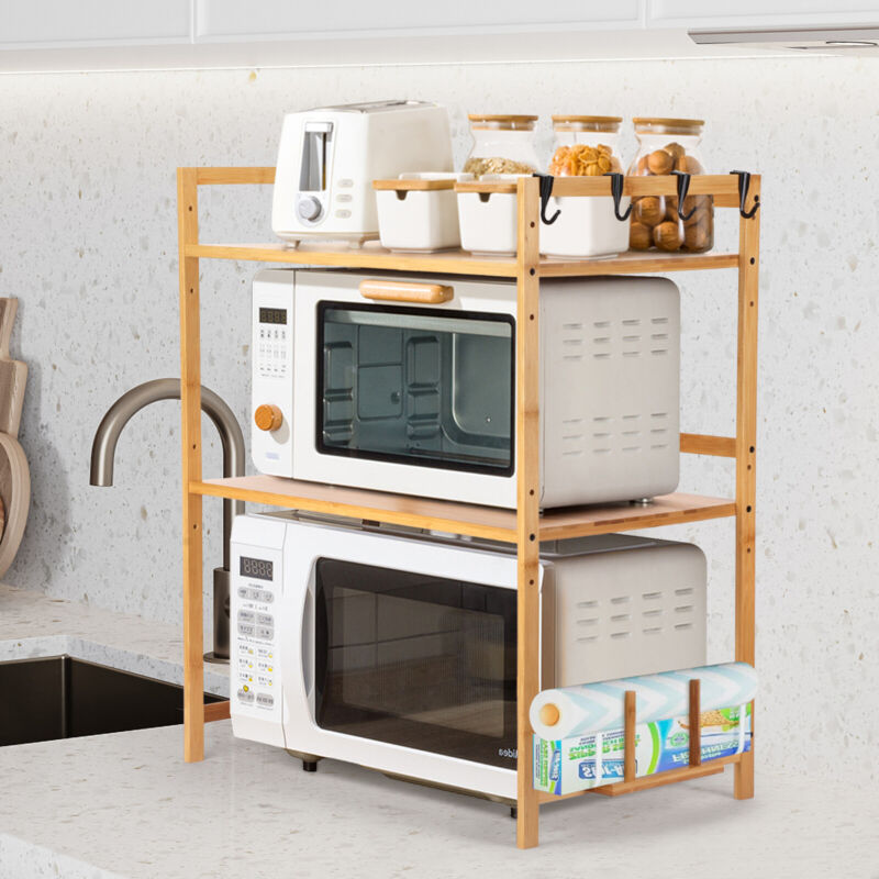 3-Tiers Bamboo Microwave Storage Shelf Oven Stand Rack Cart Organizer Kitchen
