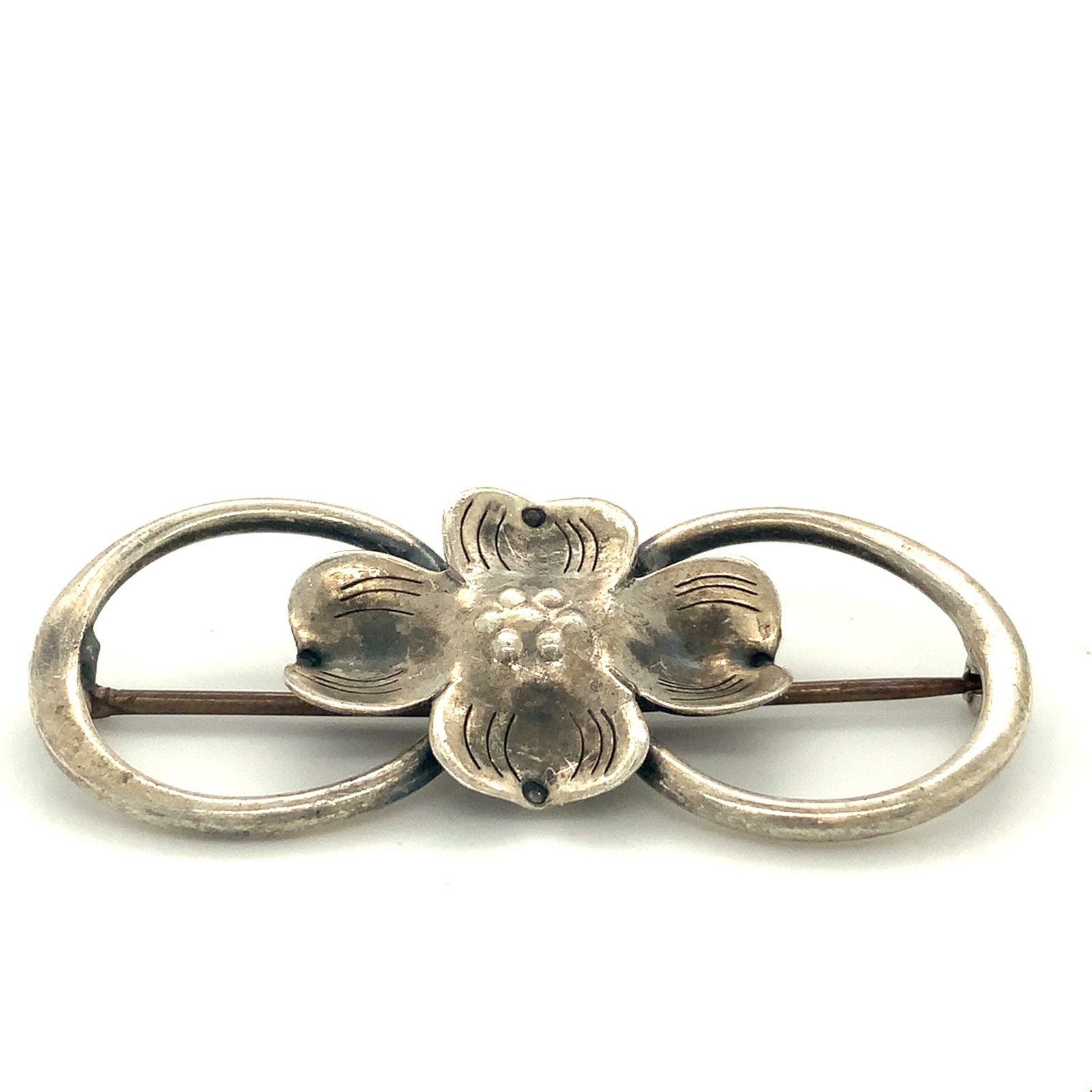 Vintage Sign Handmade Sterling Silver Repousse Art Nouveau Dogwood Flower Brooch