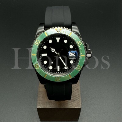 Custom Made MODS SUB Watch Black Rubber NH35 Auto Movement Green/Gold Bezel