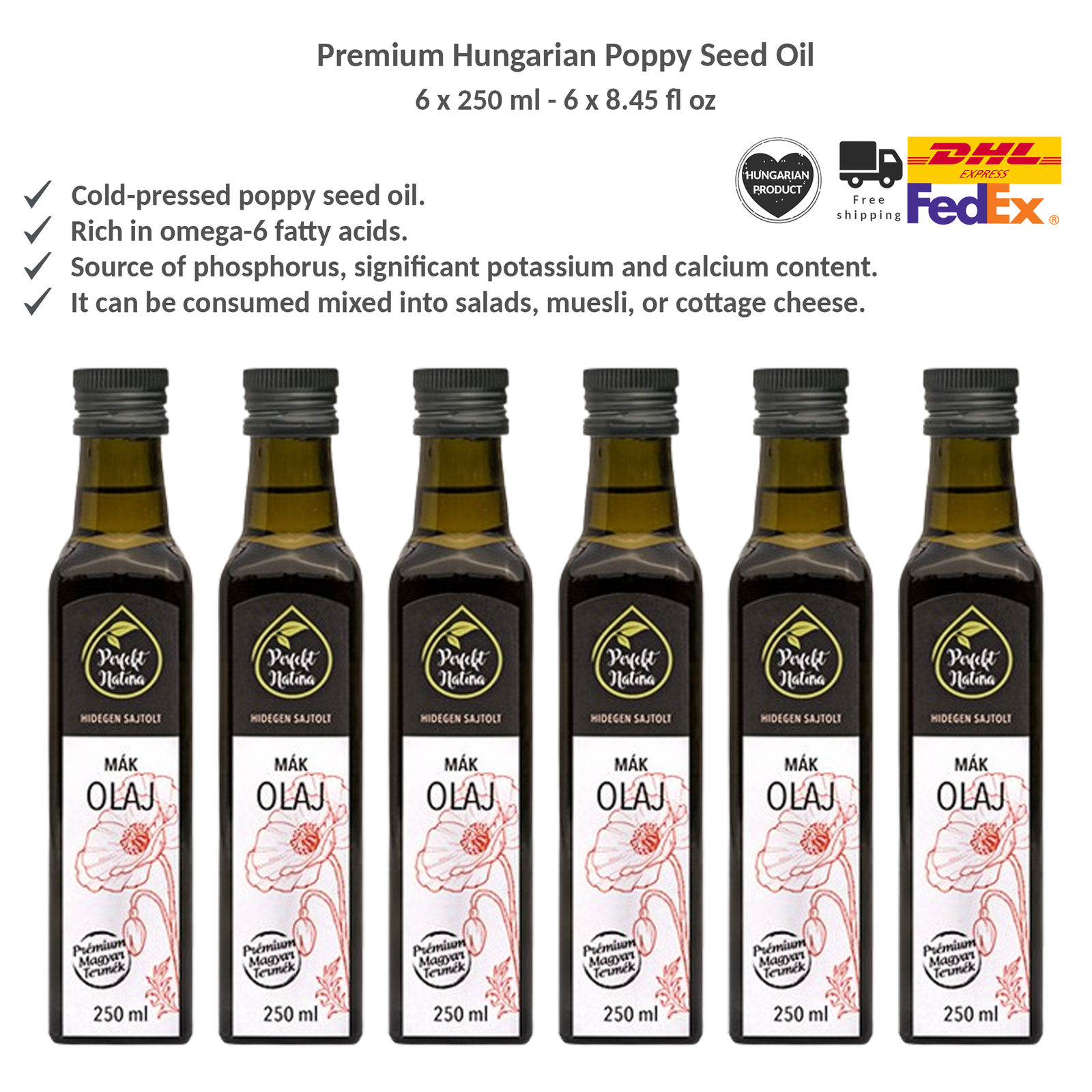 Premium Hungarian Cold-Pressed Poppy Seed Oil, Culinary Vegetable Oil, 250mlx6