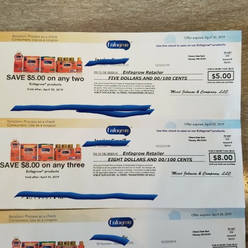 Enfamil Enfagrow Coupon Checks $25 Value Expire April 30, 2019