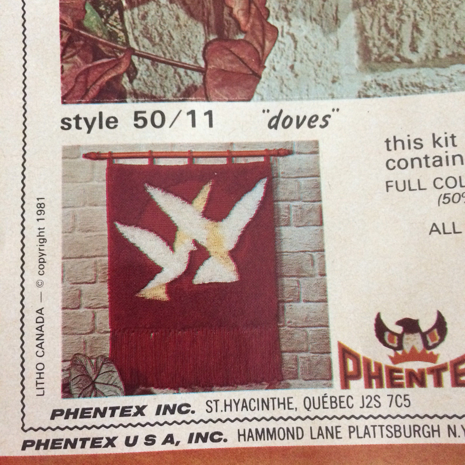 Vtg DOVES Wall Hanging 22 x 30 Phentex Hook & Hang Deluxe Latch Hook Kit  #50 11