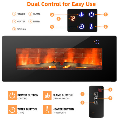 42" Electric Fireplace Wall Mounted & Freestanding Heater Remote Control 1500W