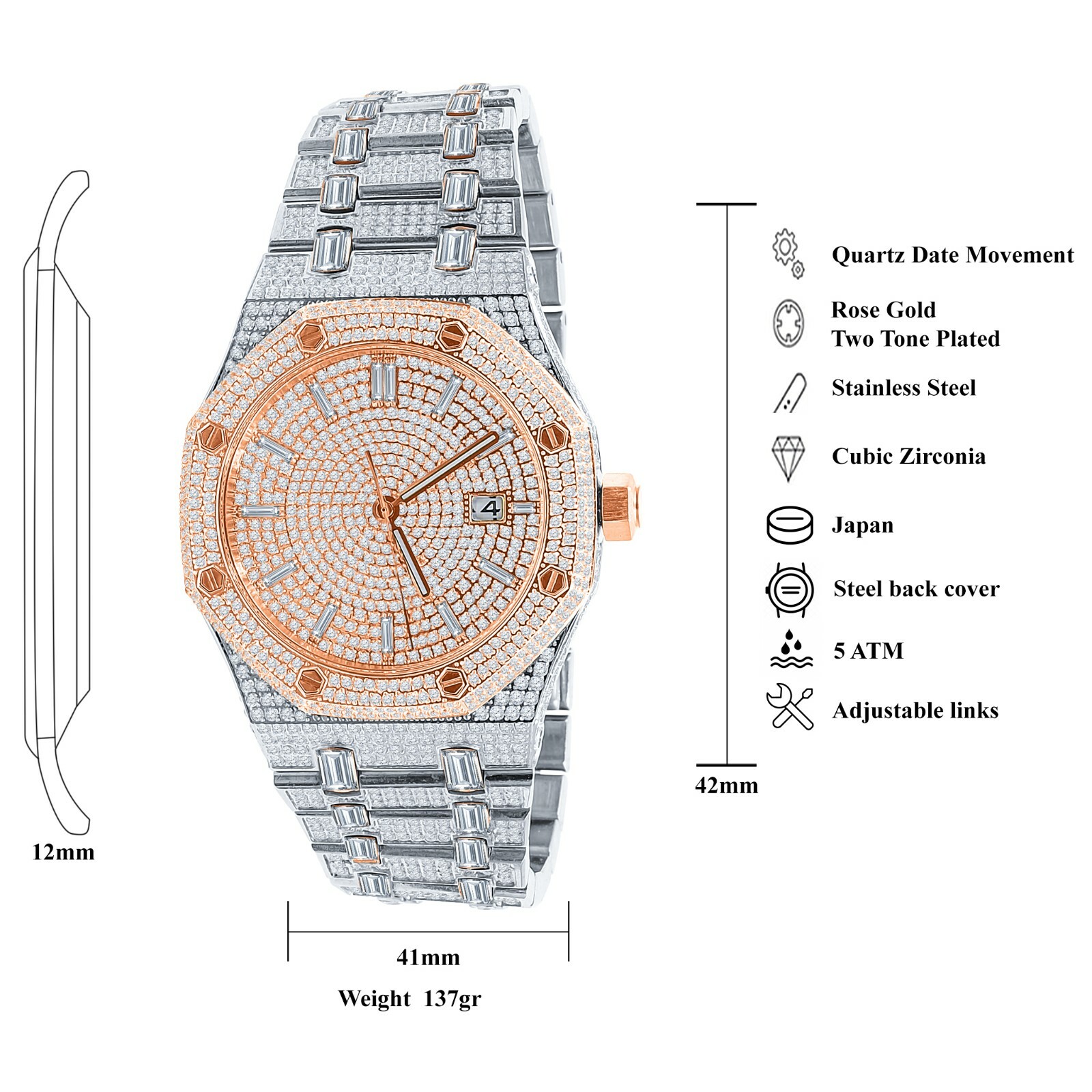 Pre-owned Bling Master Full Steel Baguette Men's Rose Gold 2 Tone Finish Simulated Diamonds 42 Mm Watch