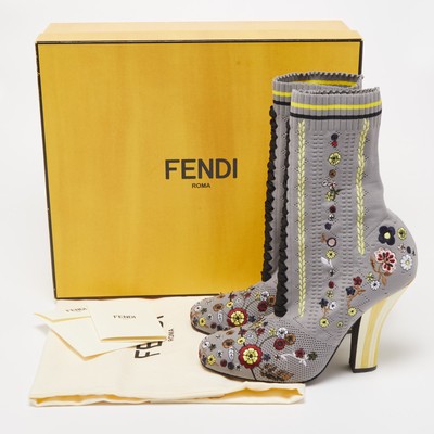 Fendi Grey Floral Embroidered Knit Fabric Sock Ankle Boots Size 40