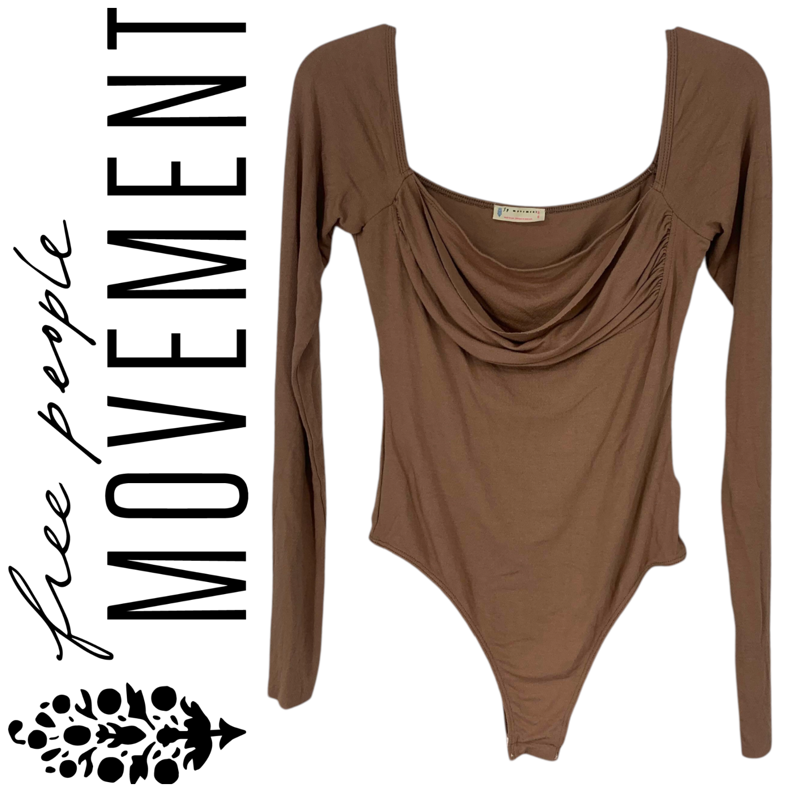 NEW Free People Movement Balletcore Bodysuit Drape Front Long Sleeve Brown Sz M