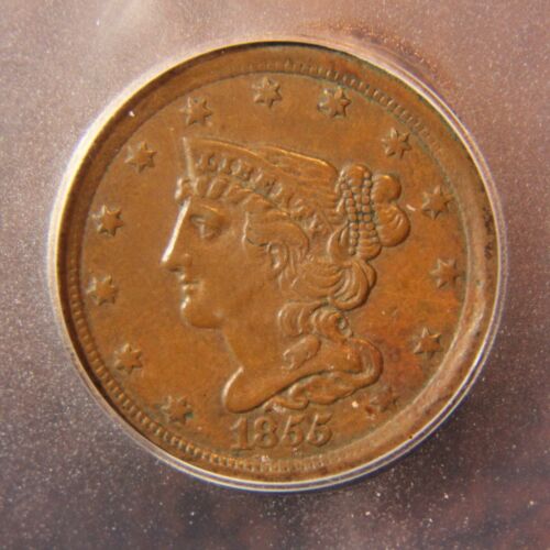 1855 Braided Hair Half Cent, C-1, AU-53