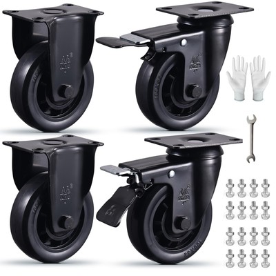 Set of 4 Heavy Duty Fixed Caster Wheels 4'' Rigid and Swivel Casters with Brake