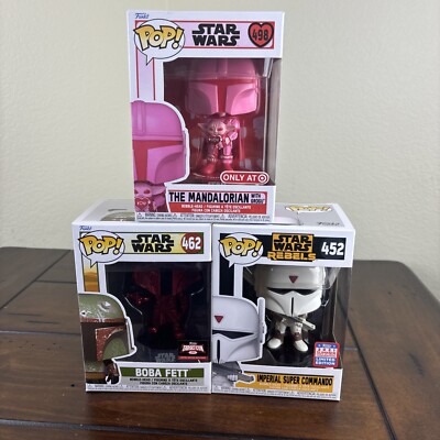 Funko Pop Star Wars Disney 3 LOT - Mandalorian 498 , Boba Fett 462 , Commando