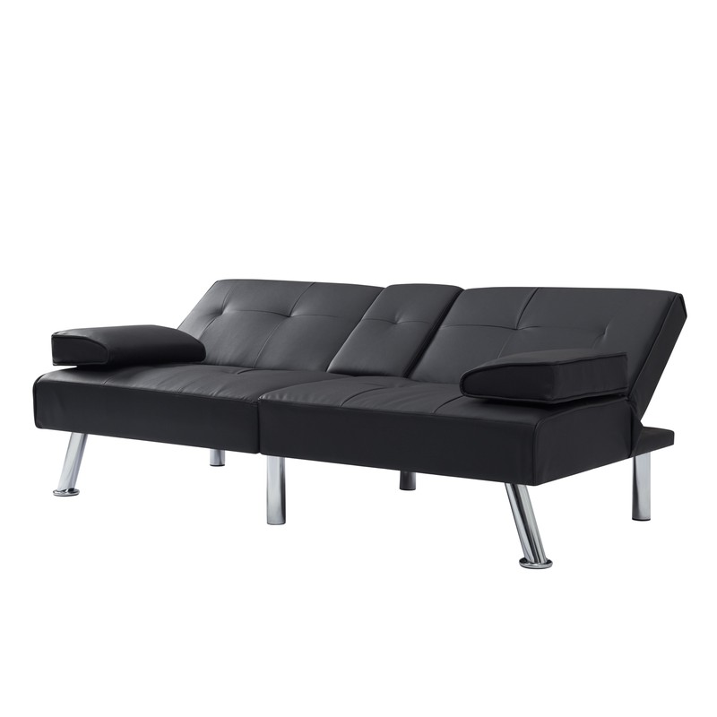 Modern Faux Leather Futon with Cupholders and Pillows Couch Sofa Bed Futon Black