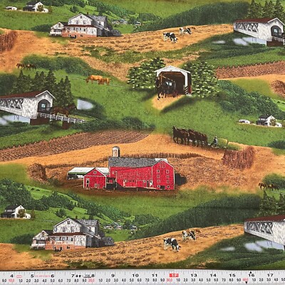 Farm Land Cows Horses Barns Elizabeth's Studio Cotton Fabric Remnant 19'' x 43''