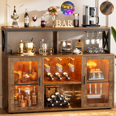 Bar Cabinet Liquor Cabinet with Power Outlet & LED Lights & Glass Holders Buffet
