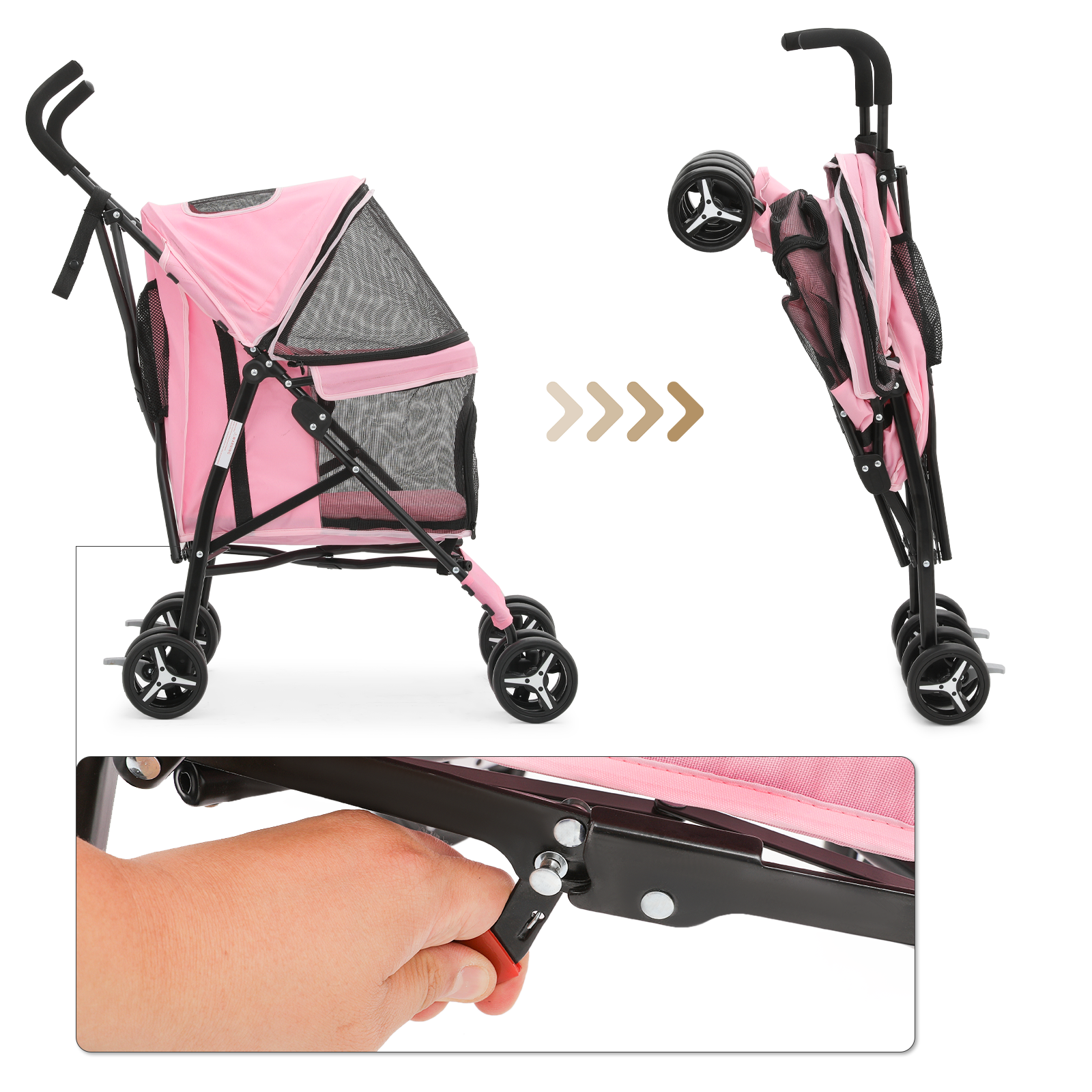 Pink Foldable Dog Stroller Adjustable Canopy Breathable Pet Travel Carrier Cart