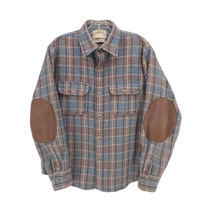 LORD JEFF Vintage Shirt Elbow Patch Brown Blue Plaid MADE IN USA Size MEDIUM