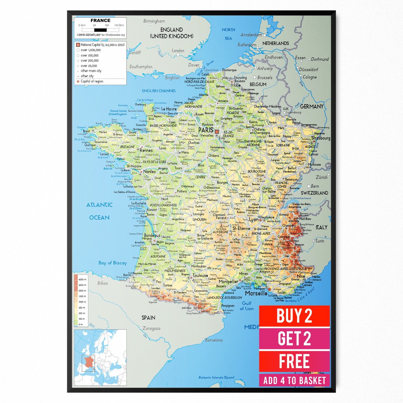 Map Of France Educational Poster Travel Tourism Physical Map Print  - A5 A4 A3