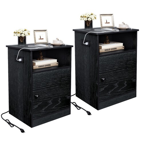 Side End Table Night Stand Set Of 2 With Charging Station