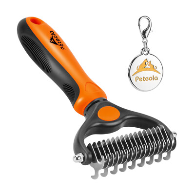 Peteola - Pet Grooming Brush - 2 Sided Undercoat Rake for Cats & Dogs - Orange