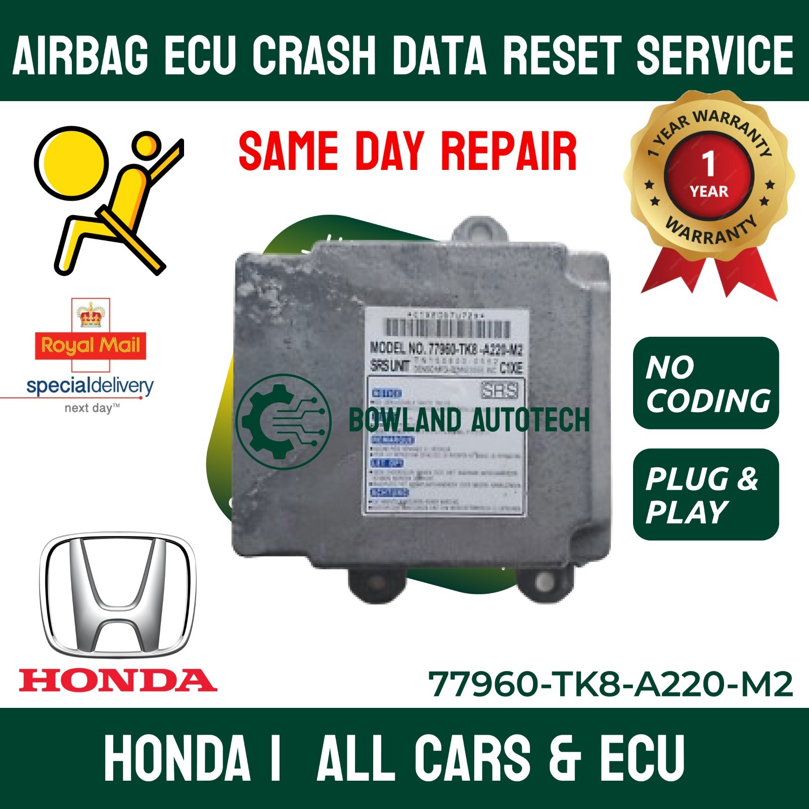 HONDA 77960-TK8-A220-M2 AIRBAG ECU SRS MODULE CRASH DATA RESET SERVICE