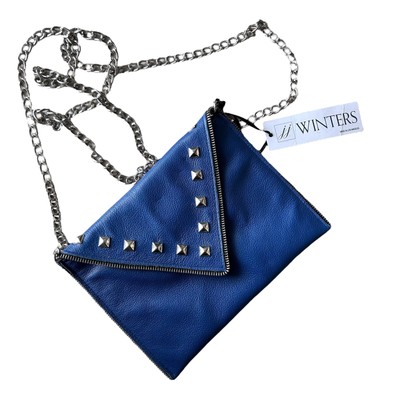 NEW JJ Winters Bohemian Studded Blue Leather Andi Crossbody Chain Bag Clutch