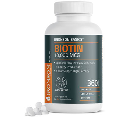 Bronson Biotin 10 000 мкг для поддержки волос, кожи и ногтей, 360 вегетарианских таблеток