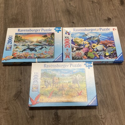 Lot of 3 Ravensburger XXL 200pc 300pc Puzzles Tigers African Animal Babies Ocean