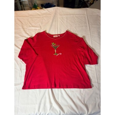 Quacker Factory Red Holiday Martini Glass Rhinestone Top Womens 1X Christmas Tee
