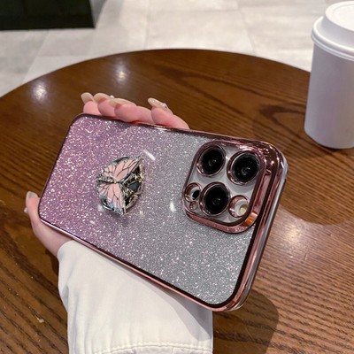 For Xiaomi OPPO VIVO Butterfly Ring Bracket Case Glitter Phone Cover Women Girl