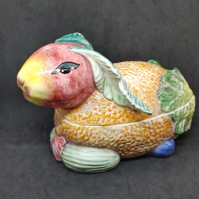 Italian Ceramic Garden Bunny Covered Serving Bowl Rabbit Fruit Vegetable Italy